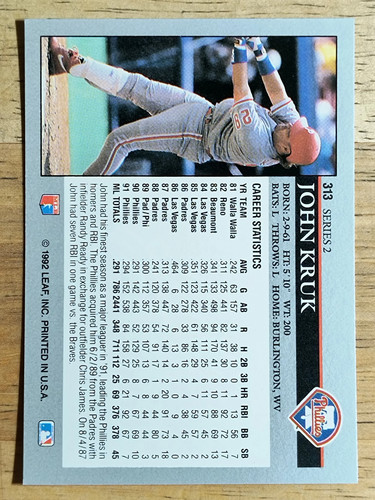 1992 Leaf #313 John Kruk - Picture 2 of 2