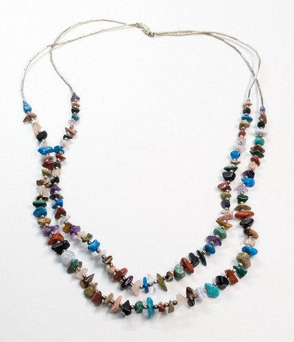 Multicolor Stone Chip Beaded Multi Strand Silver Tone Southwest 24" Necklace