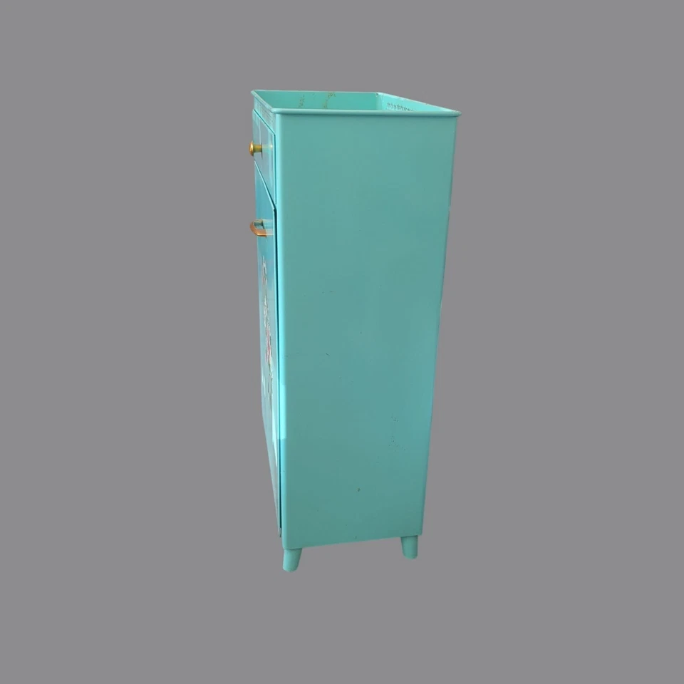 Cesta de lavandería vintage Detecto cubo de basura metal estaño verde azulado floral Foto 3 de 4