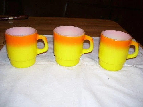 Lot of 3 Vintage Fire King Yellow & Orange Coffee Mugs Cups