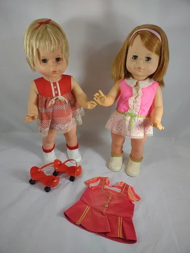 TWO Mattel 1964 Vintage BABY FIRST STEP Dolls, Skates, Extra Clothing (A28)