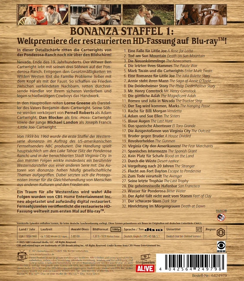 Bonanza Restored - Staffel 1: Folgen 1-32 (Paramount Restoration) [5 Blu-rays] - Bild 2 von 4