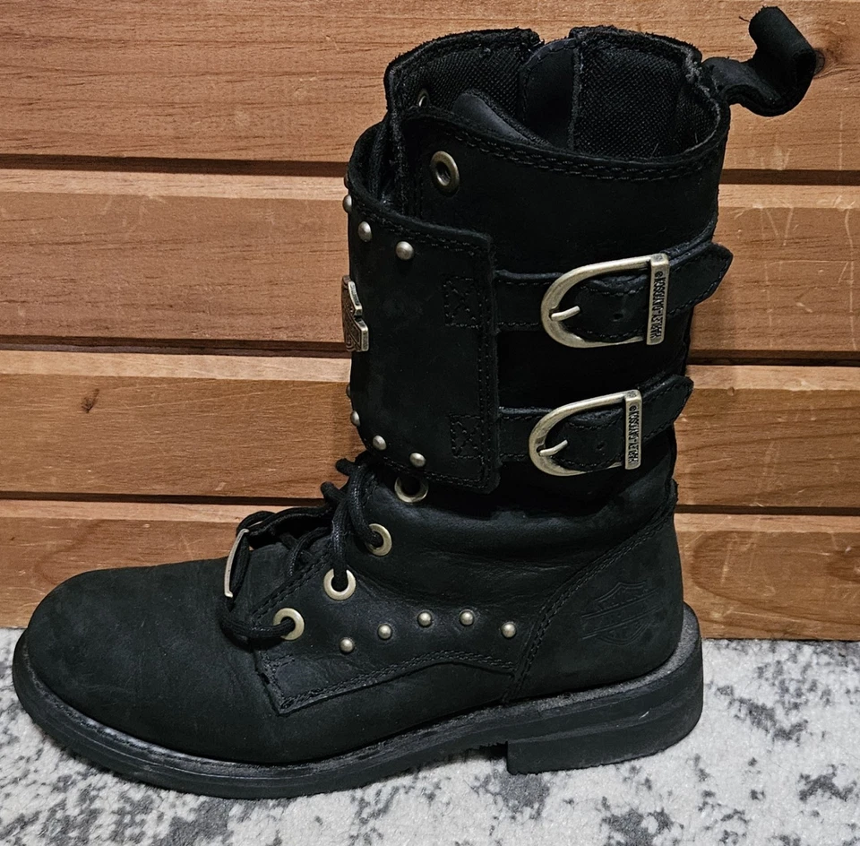 Harley Davidson Leather Barlyn Motorcycle Boots, Gold & Black. #D87195 Size 6 - Image 3 of 4