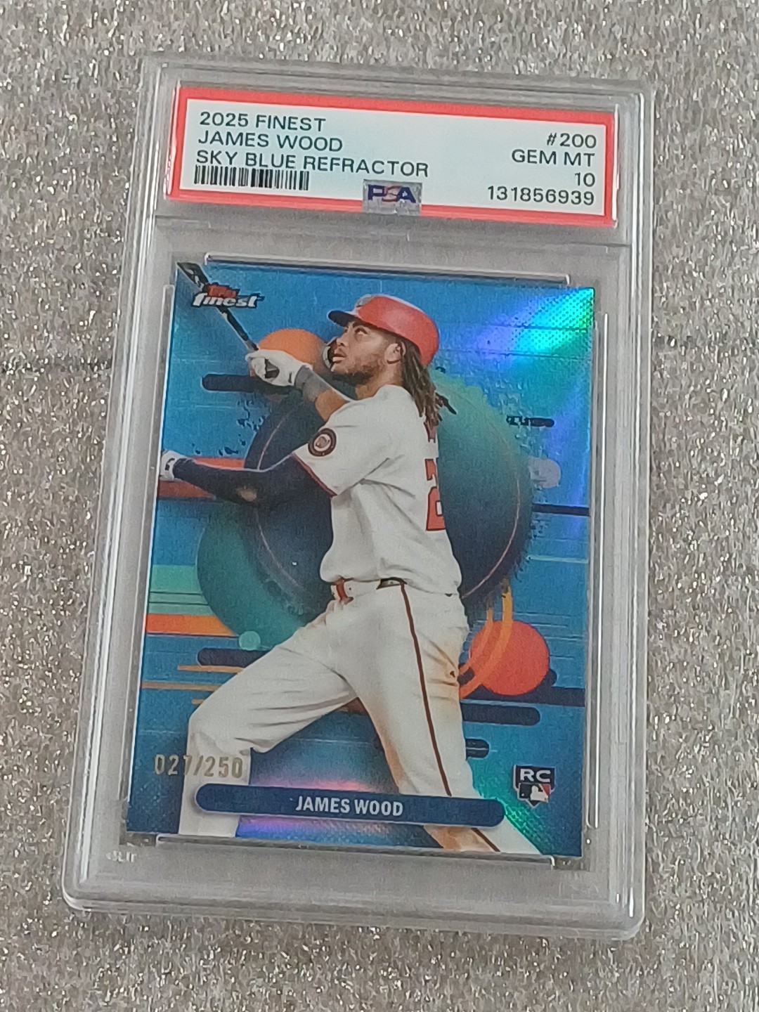 2025 Topps Finest - Uncommon James Wood #200 Sky Blue Refractor /250 (RC) PSA 10