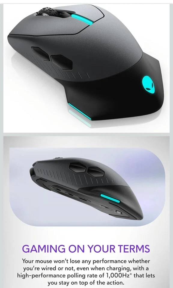 Мышь игровая Alienware 610M черная, 16000 точек на дюйм, RGB, проводная/беспроводная - Изображение 2 из 4