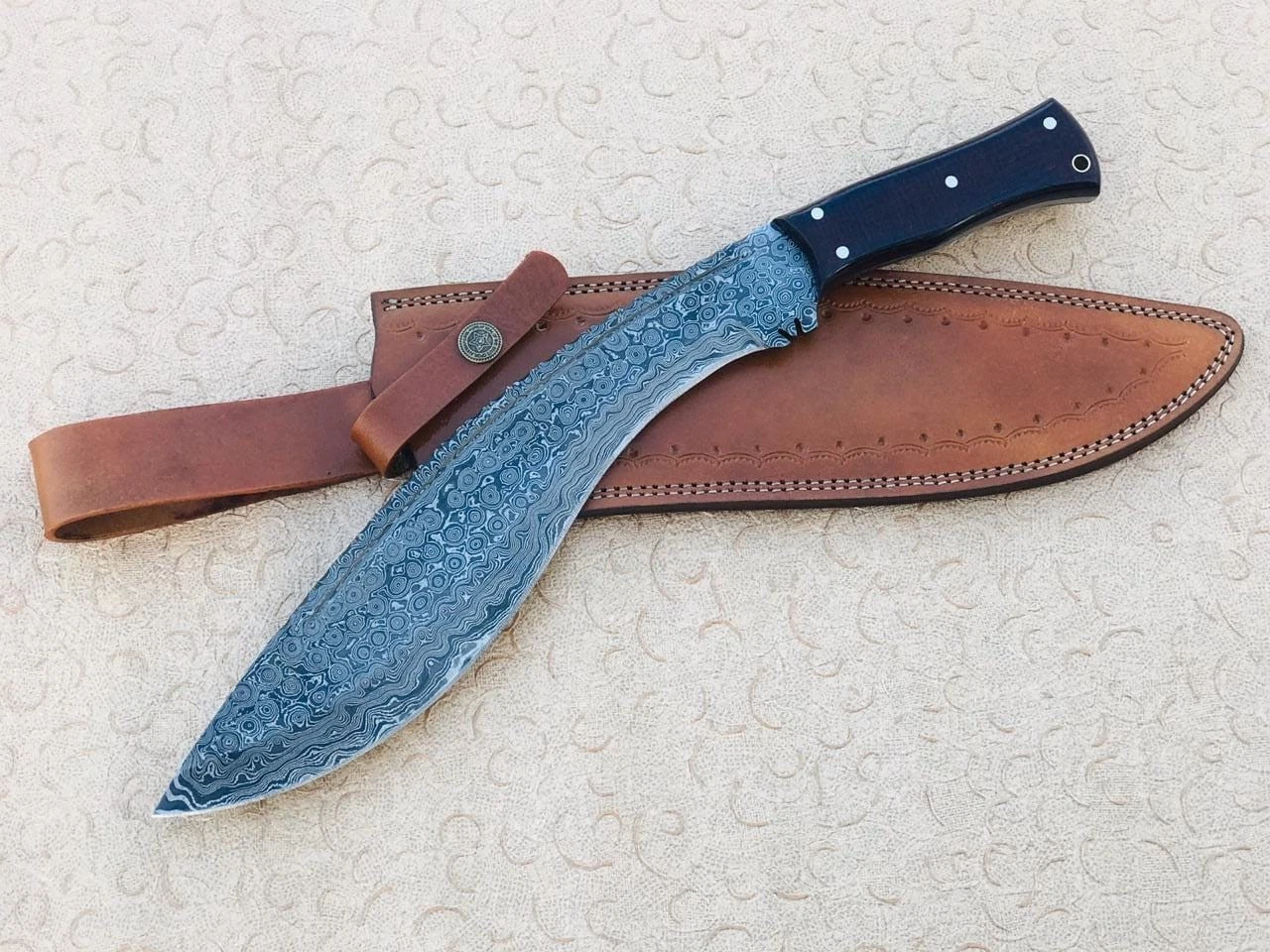 Damascus Steel Kukri Knife - 15" Full Tang Bowie Knife - Micarta Handle & Sheath