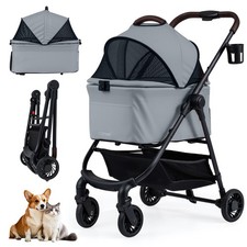 COSTWAY 3-in-1 Pet Stroller One-hand Folding Dog Stroller Car Seat Gray