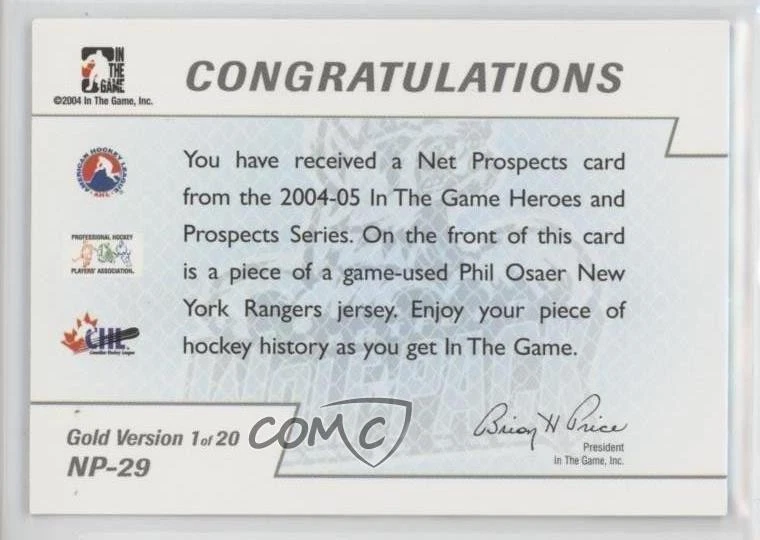 2004-05 ITG Heroes and Prospects Net Prospects Gold /20 Phil Osaer #NP-29 - Image 2 of 2