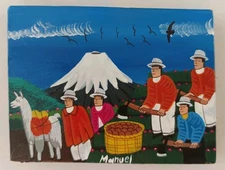 Tigua Folk Art Ecuador Painting Sheepskin Naive Ecuadorian Naive Painting Signed 