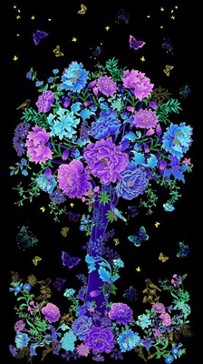23'' Fabric Panel | Timeless Treasures Luminous Blue Purple Floral Tree Metallic