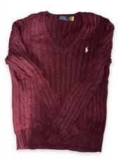 Women s Polo Ralph Lauren Burgundy Cable Knit V-Neck Pullover Sweater
