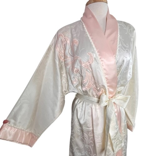 Vintage Natori Saks Kimono Robe Womens Small Ivory & Pink Satin Floral Appliqué - Picture 2 of 8