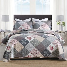 HoneiLife Quilt Set Queen Size - 3 Piece Microfiber Queen/Full-90"x96", Grey