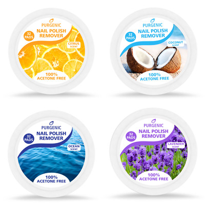 Purgenic Nail Polish Remover Pads Acetone Free 4-Pack 4 Scents 32 Pads Each.