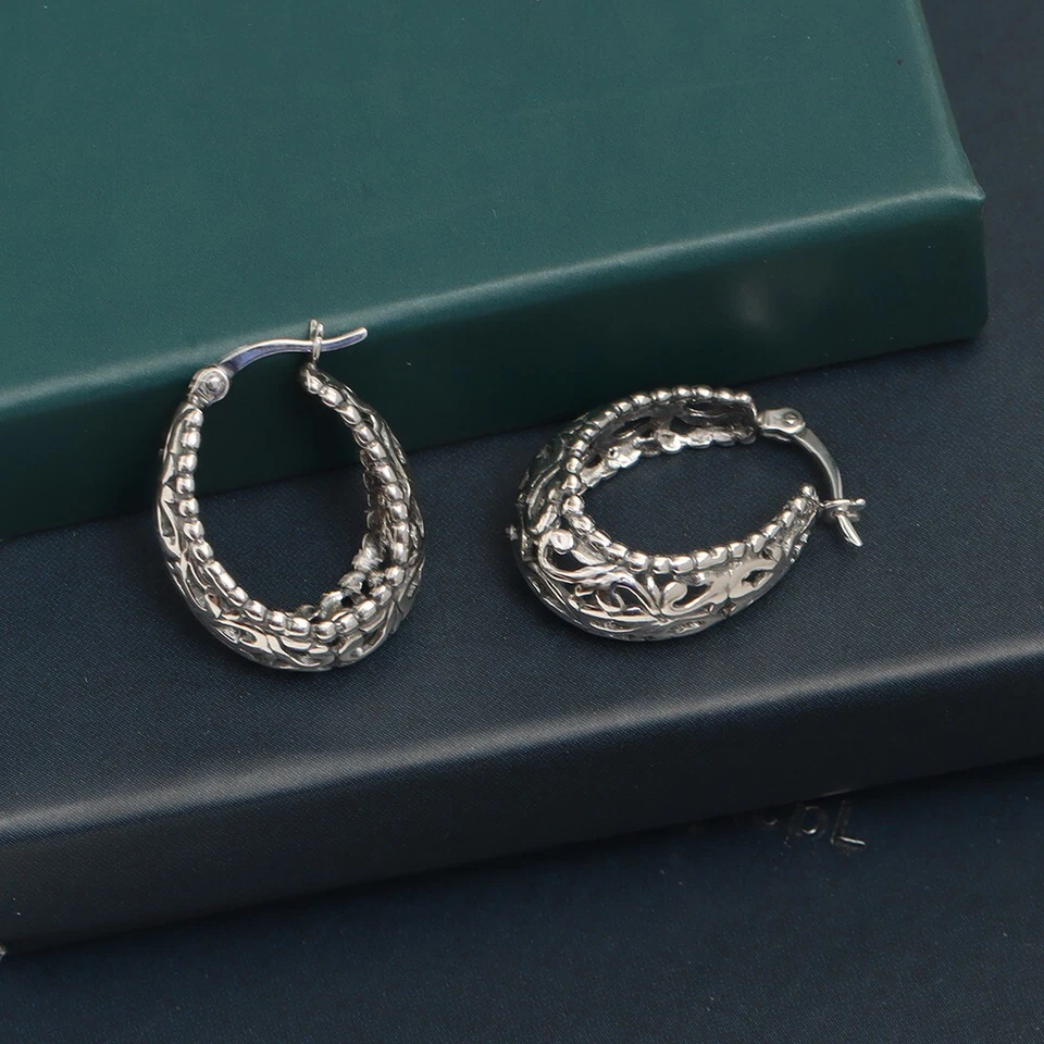 925 Sterling Silver LightWeight Small Oval Filigree Hoop Earrings for Women 25MM - Image 2 of 4