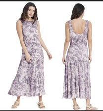 KNOX ROSE Women's Purple Tie Dye Tiered Maxi Dress Drawstring Waist Sleeveless