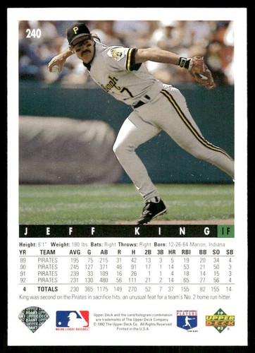 Jeff King 1993 Upper Deck #240 Pittsburgh Pirates - Picture 2 of 2