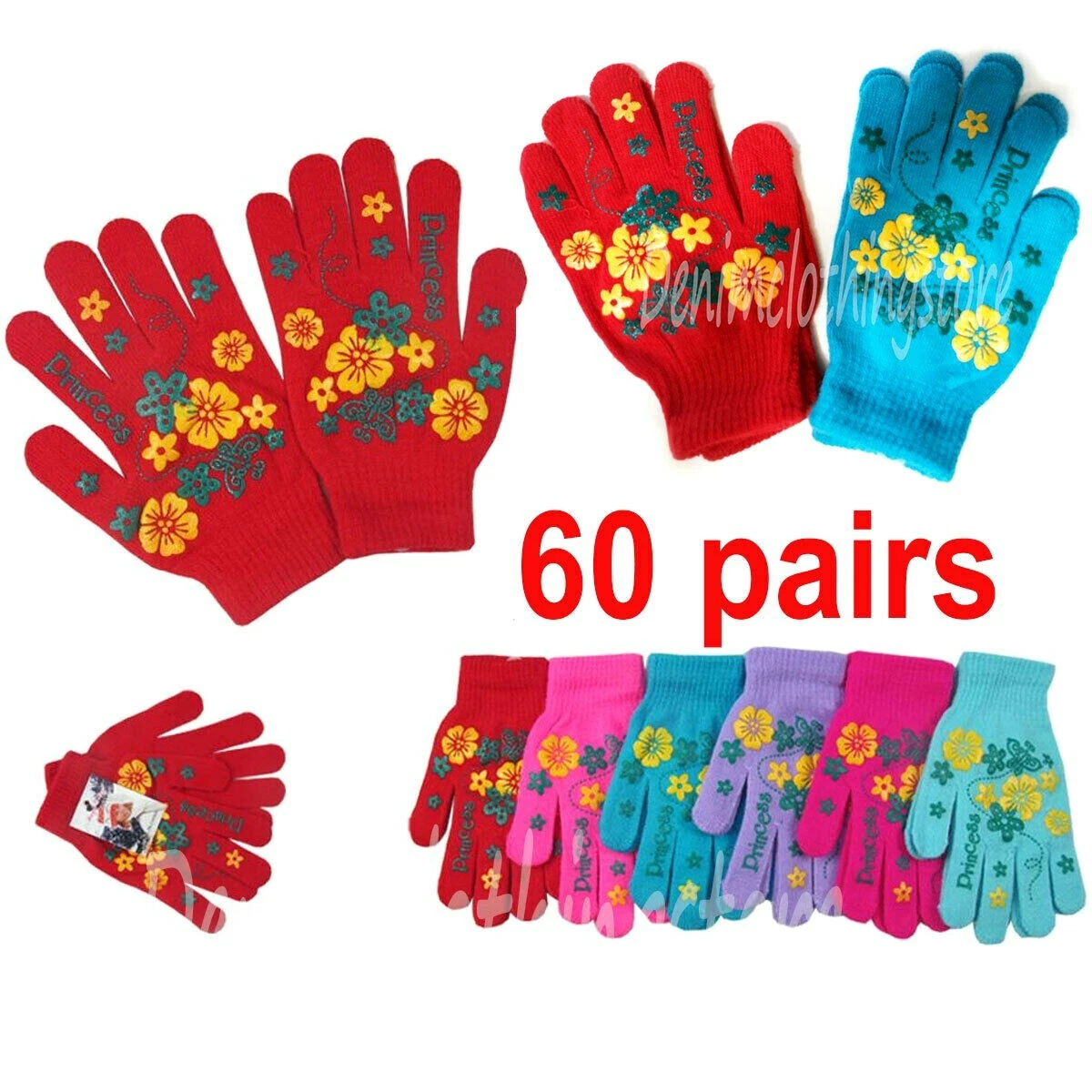 60 pairs Women Princess Printed Warm Knit Magic Winter Gloves Bulk Wholesale Lot