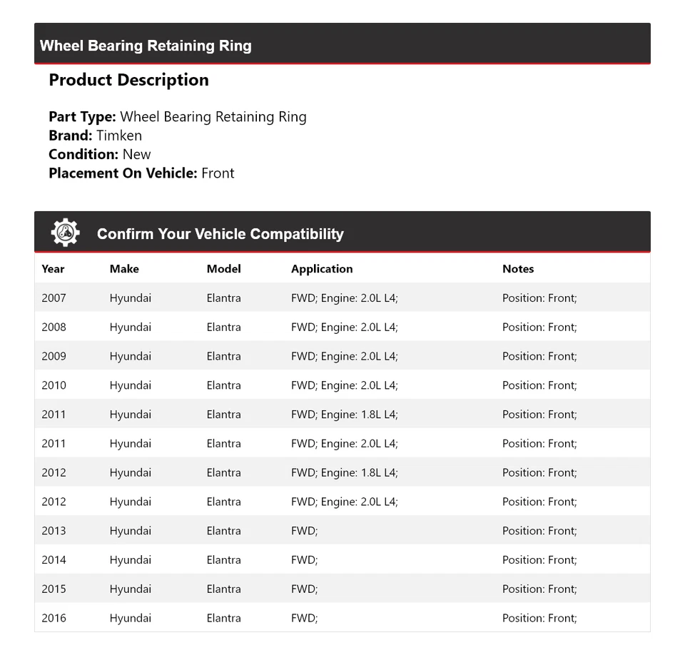 Anillo de retención delantero Timken 2008 para Hyundai Elantra 2007-2016 tracción delantera Foto 2 de 3