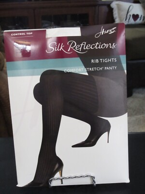 Hanes Silk Reflections Control Top Black Rib Tights Size AB