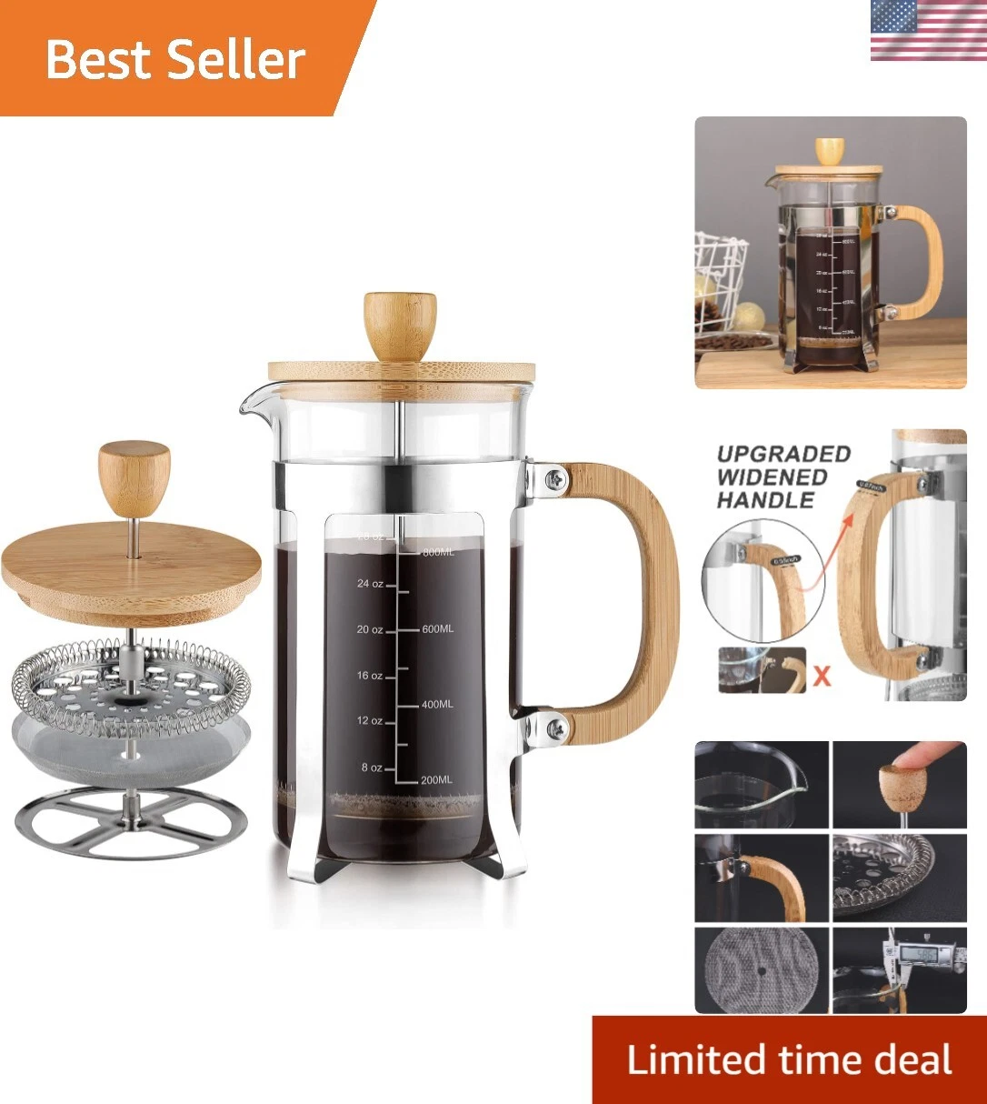 Elegant 34 oz French Press Coffee Maker with Bamboo Lid & Stainless Steel Frame