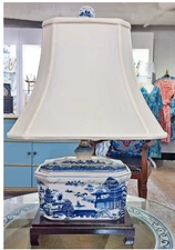 Blue, White Octagonal Porcelain Chinoiserie Box Lamp.Hand Painted.With Lampshade