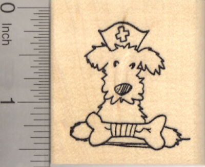Get Well Terrier Rubber Stamp with Broken Dog Bone and Nurse Hat E22203 WM