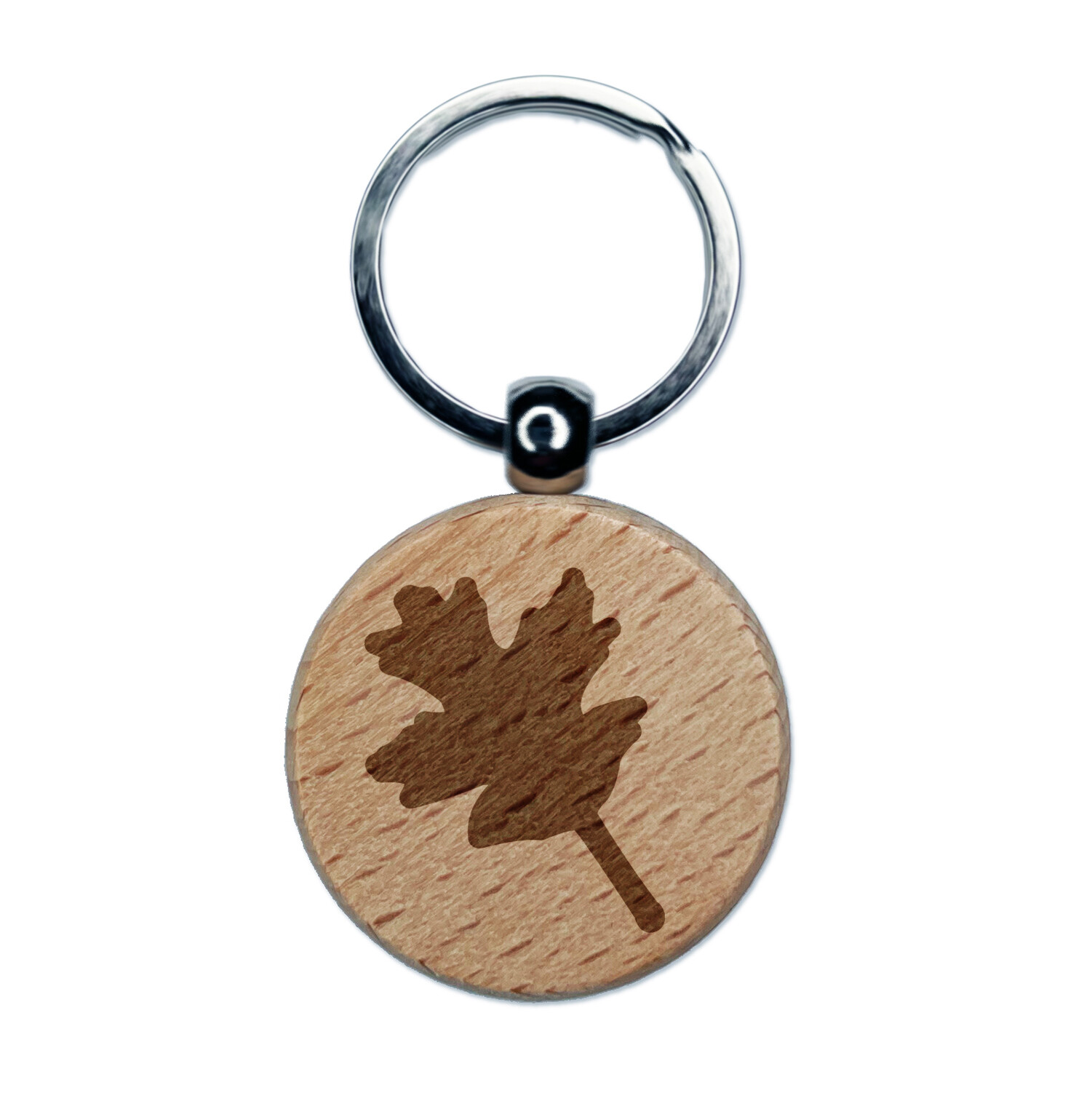 Oak Leaf Solid Engraved Wood Round Keychain Tag Charm
