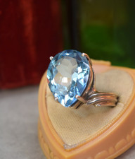 Vintage Sterling Large 18 ct Pear Shape Blue Topaz Ring sz 10