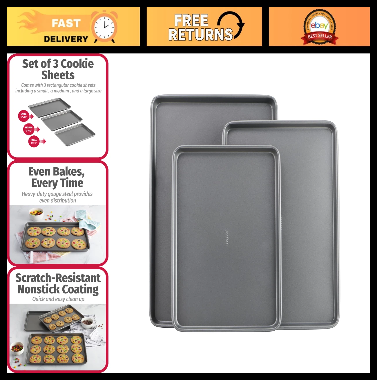 Nonstick Baking Sheet Set - 3 Pack Small Medium Large Carbon Steel Bakeware Pans