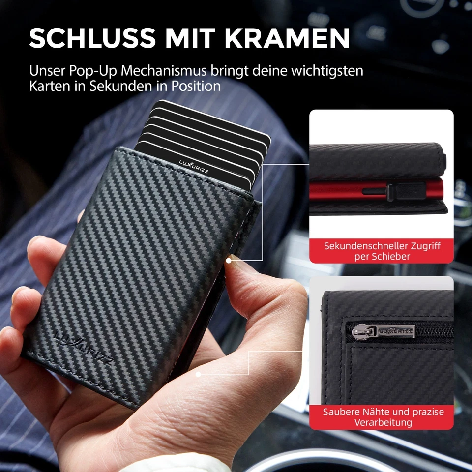 Luxurizz® Slim Wallet Magnetverschluss Rfid Schutz  Geldbeutel Carbon - Rot - Bild 3 von 4