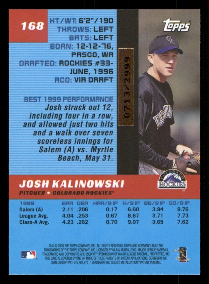 2000 Bowman's Best #168 Josh Kalinowski RC /2999 - Image 2 of 2