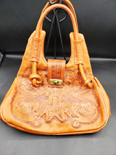 Brown Floral Tooled Leather Satchel Top Handle Bag Turn Lock Zip Pocket Gold