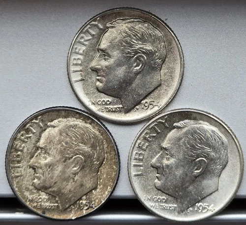 Three Choice BU/Toned  1954 Silver Roosevelt Dimes