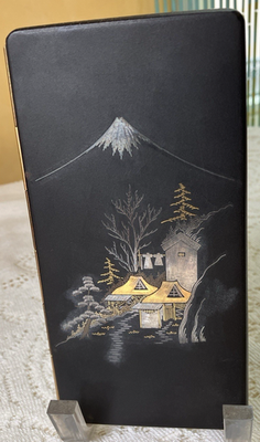 Vintage Japanese Cigarette Case Damascene Mt. Fuji & Pagoda K24 Gold Inlay  Metal