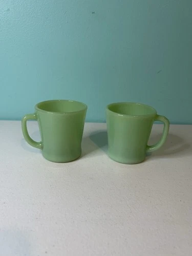2 Fire-King Milk Glass Green Jadeite Oven Ware D Handle Mugs Vintage 50's EUC