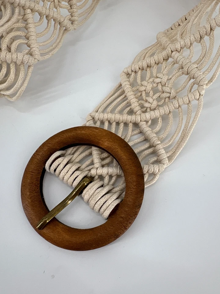 Macrame Belt Braided Fashion Belt Round Wood Buckle Womens Large Hippie Boho - Image 3 of 4