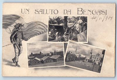 Libya Postcard Greetings from Benghazi Multiview Man Flag c1910 Antique