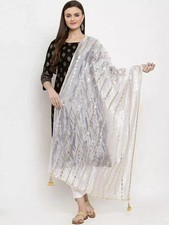 Women's Silk Blend Gotta Patti Dupatta White  Gold-Toned