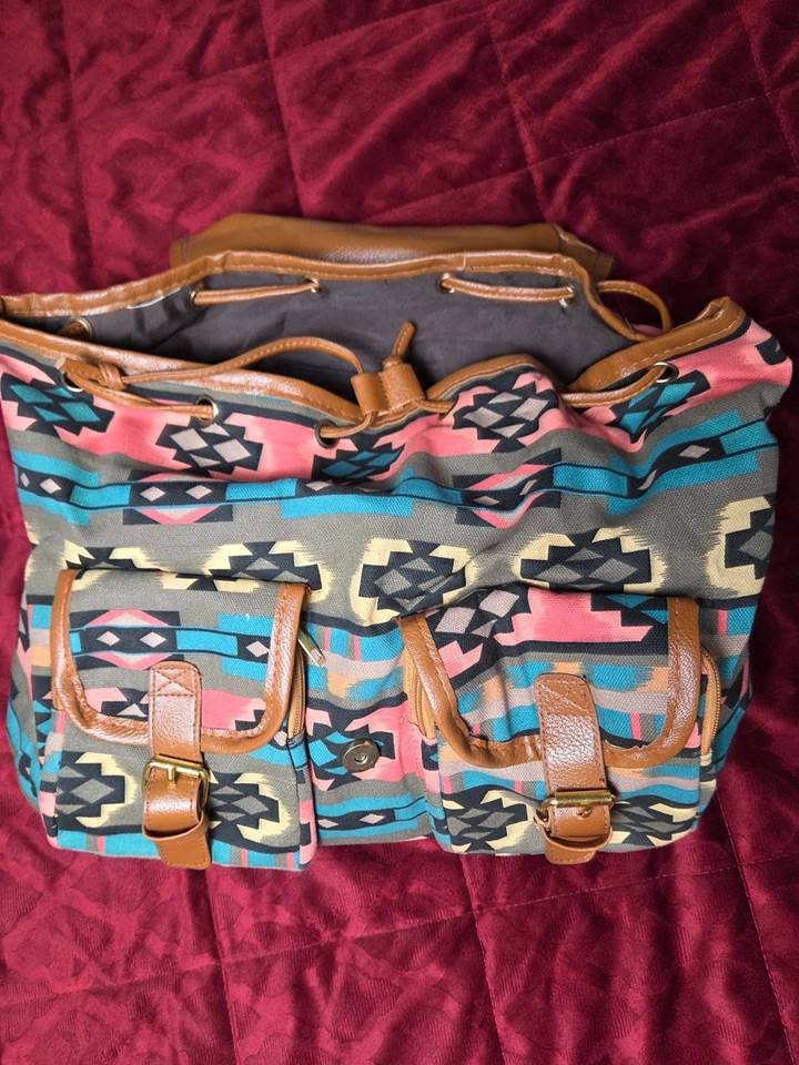 Boho Aztec Print Backpack for Women with Drawstring Top and Snap Front Closure - Image 3 of 4