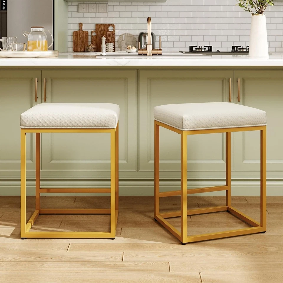 24" Kitchen Bar Stools Set of 4 White & Gold Counter & Bar Height Stools - Image 2 of 4