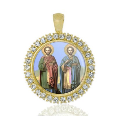 St Cosmas Amp Damian Christian Round Medal Gold Tone Pendant with Rhinestones