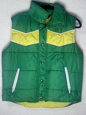 VTG Sears The Mens Store Ski Puffer Vest Green/Yellow Zip Up Size M 70s 80s