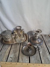 Vintage Silverplated Lot Candlestick Holders Tray & Carousel Bank 5pc #4117L498