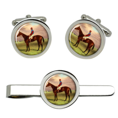 Bay Filly Agility Racehorse by H. Hall Cufflinks and Tie Clip Set