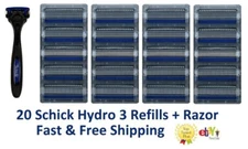 20 Schick Hydro 3 Razor Blades Hydro3 Refills Cartridges+Metal Shaver Handle 