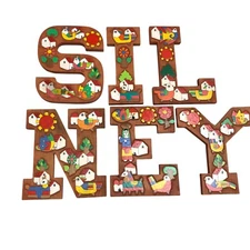 Folk Art Letters Colorful Houses Hand Made Wooden Decor S I L Y E N - Vintage