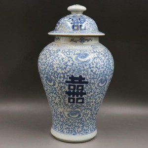 Estate Chinese Antique Qing Blue White Porcelain Two Xi General tank