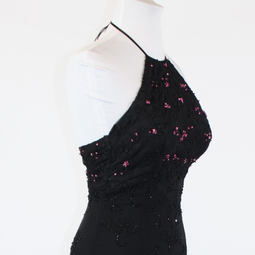 Black pink floral beaded embroidered STONE FERRIS STERLING halter ball gown 4 - Picture 4 of 8