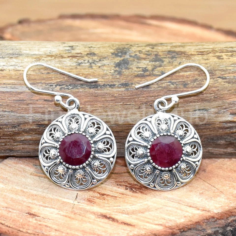 Indian Ruby Earring 925 Sterling Silver Lab Created Ruby Earring Gift for Her - Image 2 of 4